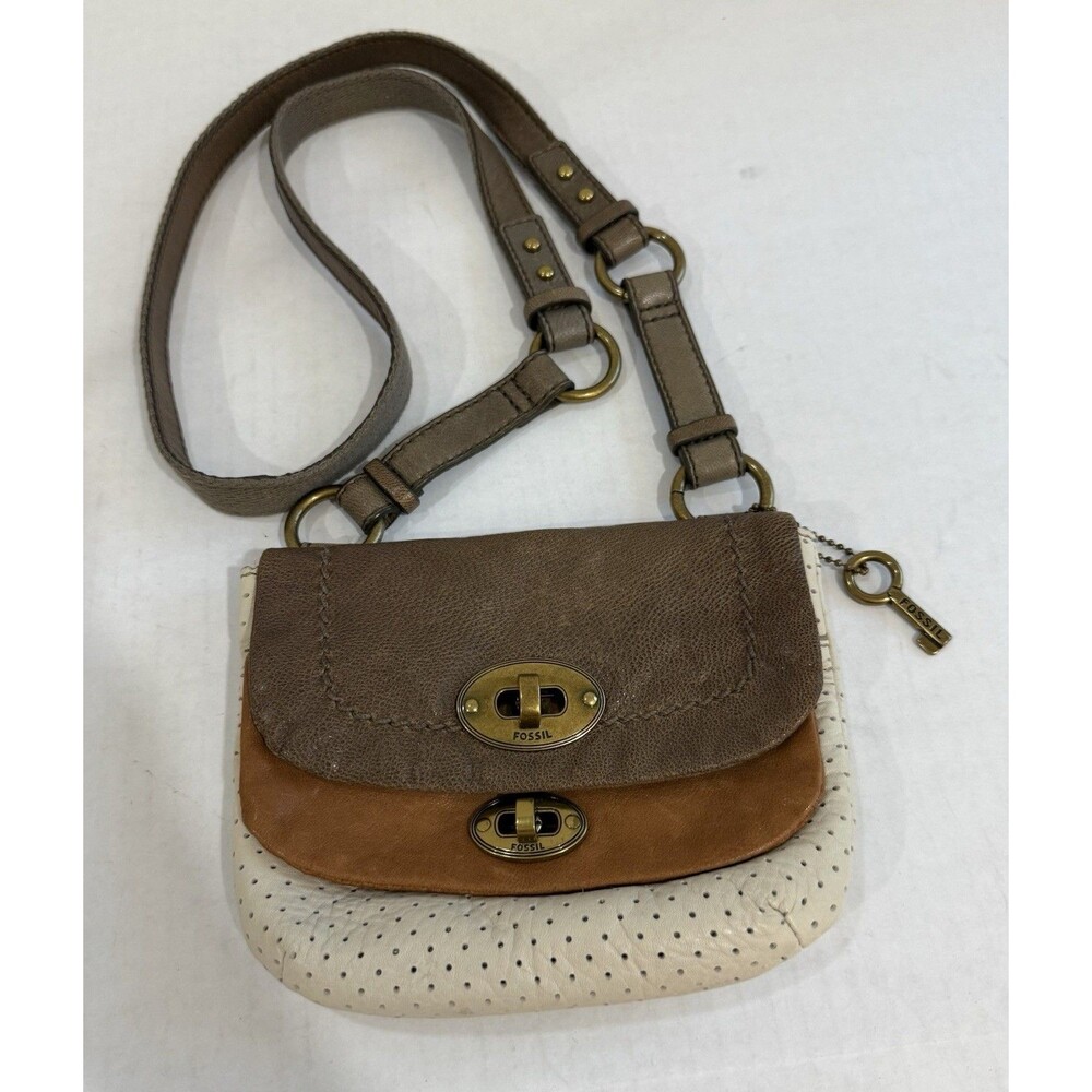 Fossil Three Tone Two Flap Sling Small Crossbody Bag Brown/Cream Cow Leather